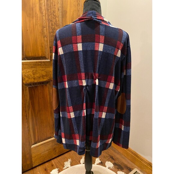 EGY Womans Jacket Plus Sz XL Navy Burgundy Plaid Open Front Light Fleece - Picture 5 of 11